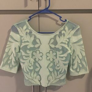Turquoise Mesh Quarter-Sleeve Crop Top